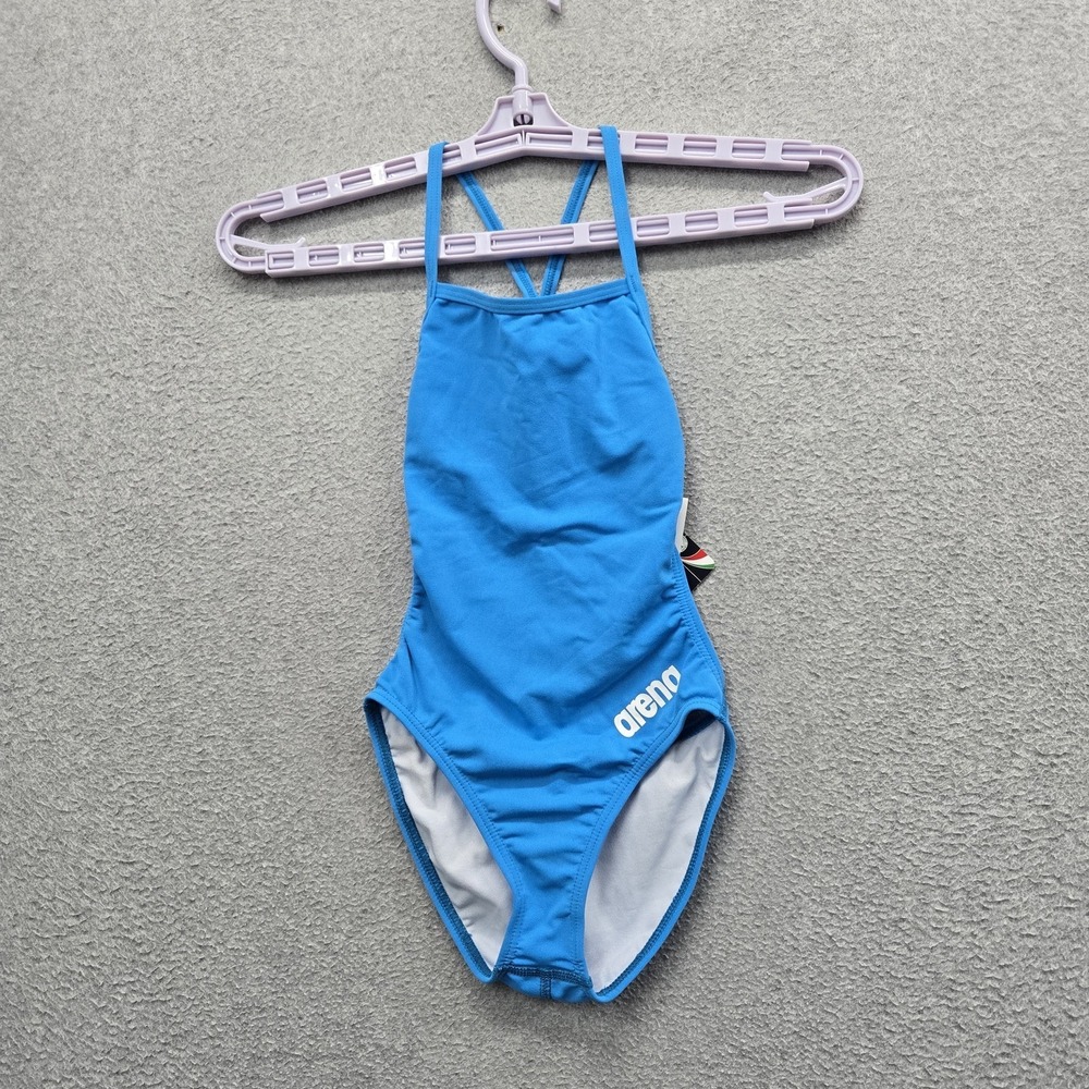 Arena Junior Swimwear 22 Blue One-Piece Swimsuit Logo Spellout Sleeveless NWT